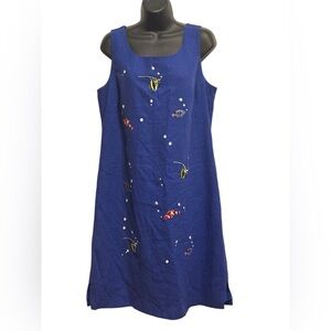 Vintage Royal Blue Linen Sleeveless Embroidered Fish Shift Dress